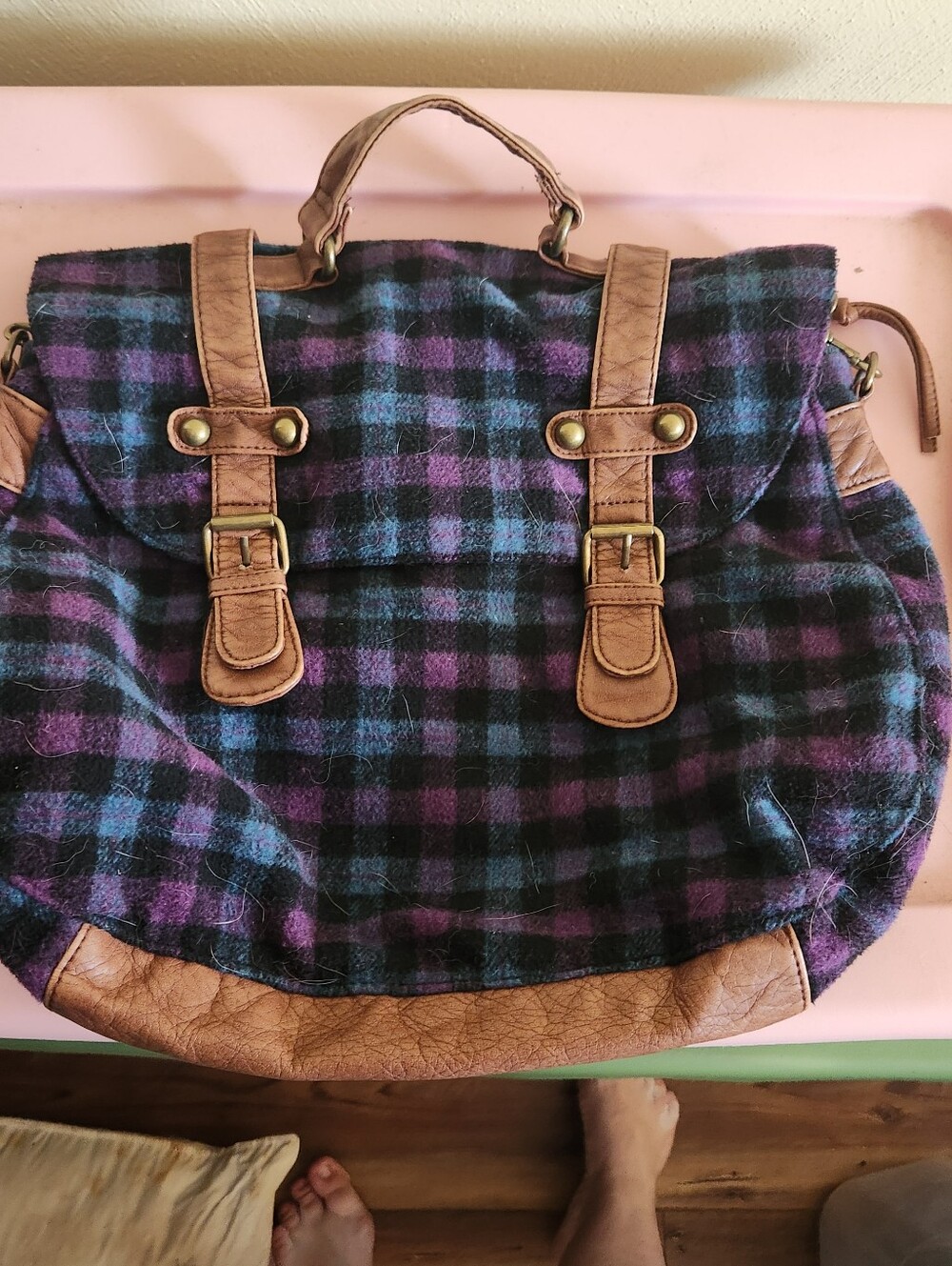Mudd Purple & Black Plaid Tote with Tan Trim